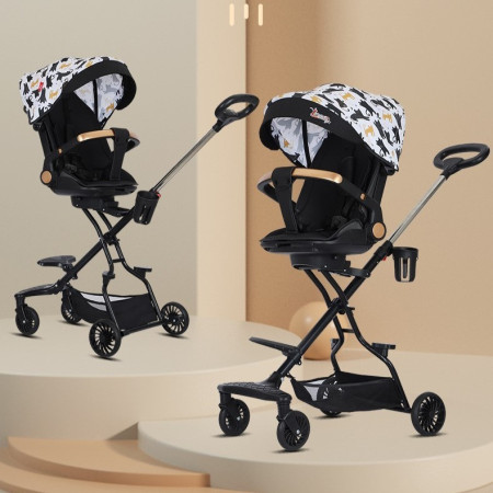 Carucior Sport Cyrax 3in1, 6-36 Luni, Reversibil, Pliabil, Tavita pentru Masa, Pozitie de Somn, Centura de Siguranta, Roti 360, Suport Pahar, Copertina pentru Soare, 32x63x95cm, Negru Model Pisicute