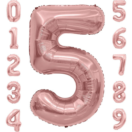 Balon din Folie Metalizata Cyrax, Figurina Cifra, Tema Aniversare 40 cm, Ambalaj Individual, Pai inclus, Umflare cu Aer sau Heliu, Rose Gold, Cifra 5