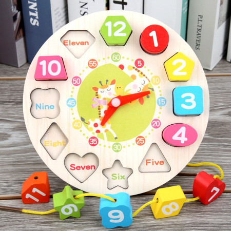 Jucarie Educativa Cyrax, Tip Montessori, Model Ceas Girafa, din Lemn, + 36 Luni, 12 Piese, 17 cm, Multicolor