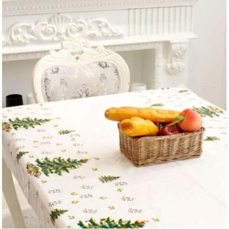 Fata de masa dreptunghiulara  PVC, 2.5 mm grosime, imprimeu braduri, potrivit pentru Craciun, utilizare multipla, 180 x 108 cm, alb