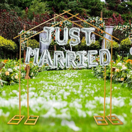 Set Baloane din Folie Metalizata, Cyrax, Model Just Married, Litere de 40 cm, Baloane Party, Ambalaj Individual, Pai, Ata si Adeziv Incluse, Umflare cu Aer sau Heliu, Argintiu