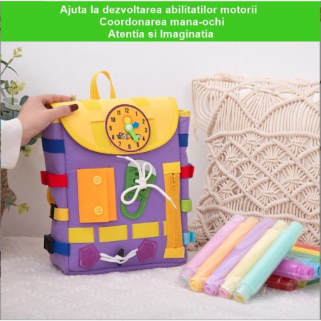 Ghiozdan Montessori, Cyrax, pentru Copii 2-6 ani, Fidget Pop, cu Catarame si Fermoare, Jucarii Senzoriale, Activitate de Invatare prin Joc, Mov, 0.25 kg, 28x10x23 cm