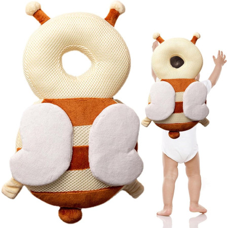 Perna tip Rucsac pentru Protectia Capului,  Tetiera tip Albina, pentru Bebelusi, Design tip Plasa, 33x6x19 cm, 180 g, Maro/Bej