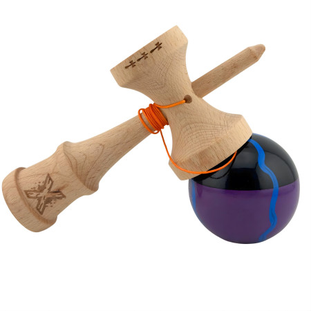 Kendama X Originala, Profesionala, Cyrax, Big Cups V2, Super Sticky Cupe Mari, Rulment Metalic cu Ata 55 cm, Negru Mov cu Linii