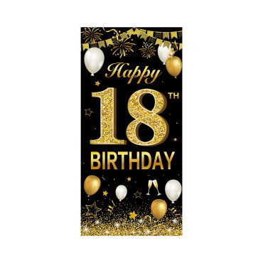Banner pentru Petrecere, Cyrax, Model Happy Birthday, Tematica Majorat, Aniversare 18 Ani, 185x90 cm, Negru