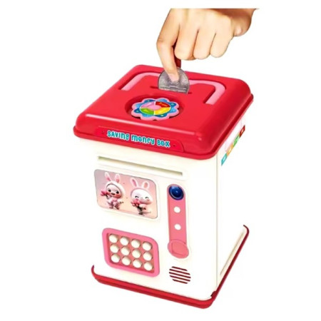 Set Pusculita pentru Copii, Cyrax, Tip ATM, Parola cu Amprenta, 13.5 x 11.5 x 20 cm, Roz