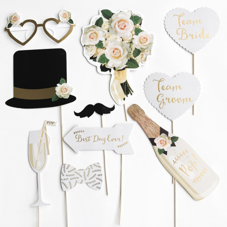 Set 10 Accesorii pentru Petrecere, Cyrax, Props pentru Coltul de Poze, Model Mire si Mireasa, Tematica Nunta, Multicolor