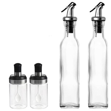 Sticle si Borcane de Ulei de Masline, Cyrax, Dozator Set 4 Bucati, 2 Sticle cu Dispenser 500 ml/buc, 2 Borcane pentru Condimente cu Capac si Lingura 120ml/buc, Transparent