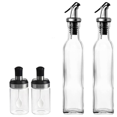 Sticle si Borcane de Ulei de Masline, Cyrax, Dozator Set 4 Bucati, 2 Sticle cu Dispenser 500 ml/buc, 2 Borcane pentru Condimente cu Capac si Lingura 120ml/buc, Transparent