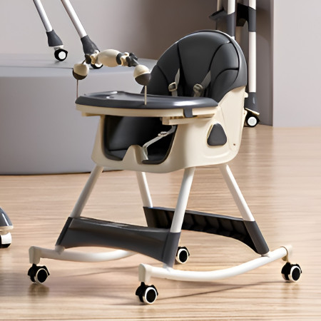 Scaun de Masa pentru Bebelusi si Copii, Cyrax, 2 Tavite cu Jucarii si Husa Detasabile, Multifuncțional, Stabil, Centura de Siguranta, Spatar Reglabil Moale, Balansoar, Cos de Depozitare, de la 6 Luni, 97x73x65cm, Gri