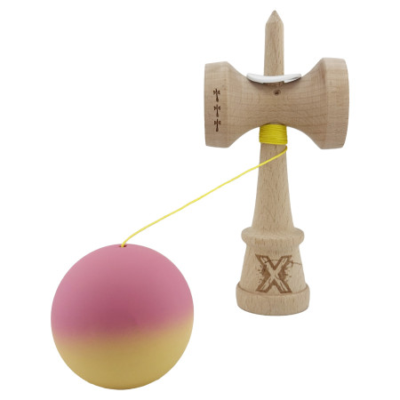 Kendama X Originala, Profesionala, Cyrax, Rubber Grip, Cupe Mari KING SIZE V3, Gaura in Baza, Rulment Metalic, din lemn 18 cm, Ata 62/65 cm, Gradient Roz/Galben