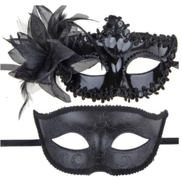 Set 2 Masti de Cuplu, Cyrax, pentru Carnaval, Bal Mascat, Marime Universala, Model Floare Laterala si Margele, Model Clasic, Negru Gri