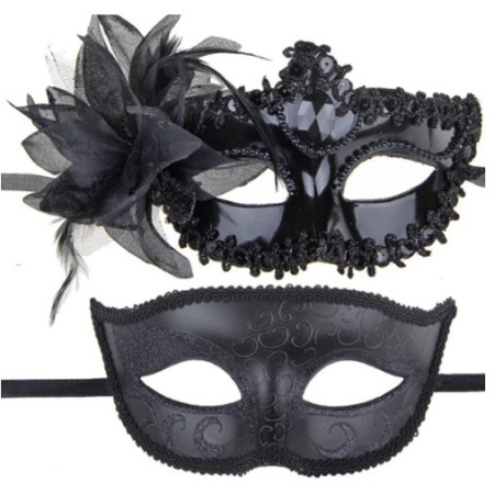 Set 2 Masti de Cuplu, Cyrax, pentru Carnaval, Bal Mascat, Marime Universala, Model Floare Laterala si Margele, Model Clasic, Negru Gri