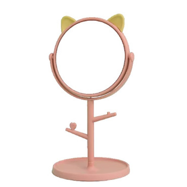 Oglina Cosmetica cu Picior, Cyrax, HD, Rotire 360 Grade, 15 cm Diametru, Suport Bijuterii Baza Rotunda + 2 Brate, Model cu Urechi, 31 x 14.5 x 15 cm, din Plastic, Roz/Galben