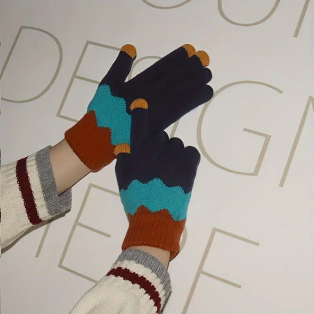 Manusi de Dama,  Model Ondulat, Functie Touchscreen (ecran tactil), Material Acril Tricotat, Manseta Elastica, Interior Catifelat, Marime Universala, Portocaliu/Albastru