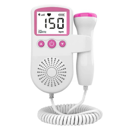 Monitor Fetal Doppler, Cyrax, Monitorizare Sarcina, Ritm Cardiac, Ecran LCD 4.5 cm, 2 x Baterii AA (neincluse), Portabil, din ABS, 12.8 x 9.6 x 3 cm, Utilizare de la 9 Saptamani, Roz