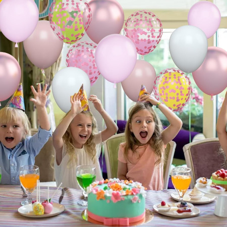 Set 16 Baloane din Latex Metalizate, Cyrax, Model Party, 30 cm, Alb, Roz, Roz Chrome, Transparent Confetti 2.8 g