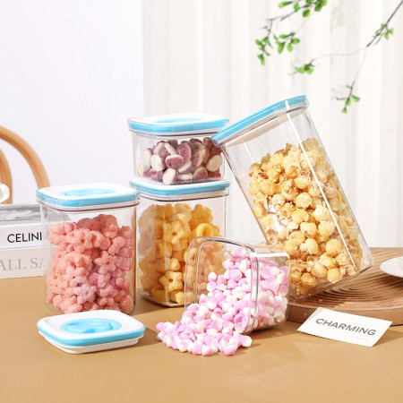 Set 5 Cutii de Depozitare pentru Bucatarie, Cyrax, 2 x 600ml, 2 x 1.3L, 1 x 2L, din ABS+PET+Silicon, Capac Alb/Albastru, 23 x 10 x 10 cm, Transparent