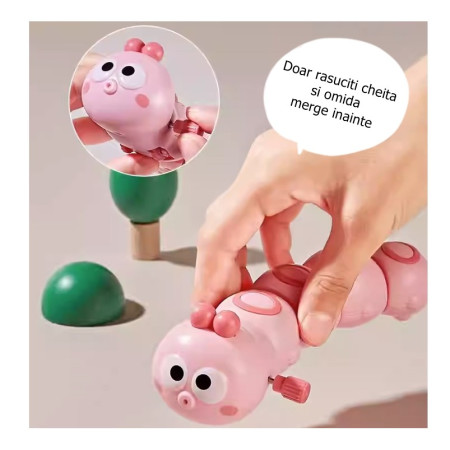 Jucarie mecanica pentru copii Cyrax, omida haioasa, material ABS, cu cheita, distractiva, se taraste, se misca, 15 x 4 cm, roz