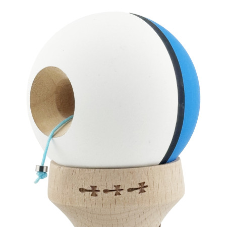 Kendama X Originala, Profesionala, Cyrax, Cupe Mari KING SIZE V3, Rubber Grip, Gaura in Baza, Rulment Metalic, din lemn 18 cm, Ata 62/65 cm, S Bicolor Albastru/Alb