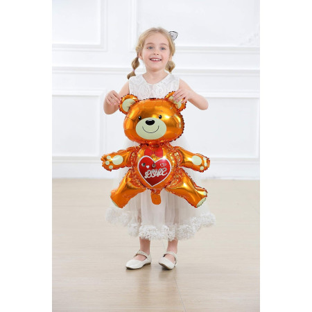 Balon din Folie Metalizata, Cyrax, Figurina Urs, Model Love, Tema Ziua Indragostitilor, 60x63cm, Ambalaj Individual, Pai Inclus, Umflare cu Aer sau Heliu, Maro