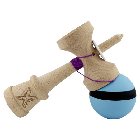Kendama X Originala, Profesionala, Cyrax, Cupe Mari KING SIZE V3, Rubber Grip, Gaura in Baza, Rulment Metalic, din lemn 18 cm, Ata 62/65 cm, M Bleu/Negru/Bleu