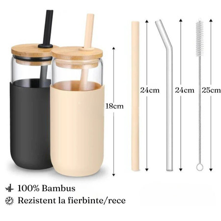 Set 2 Pahare din Sticla Termoizolante Transparente, Cyrax, Capace si Paie Incluse, 500 mL, Silicon Negru si Crem