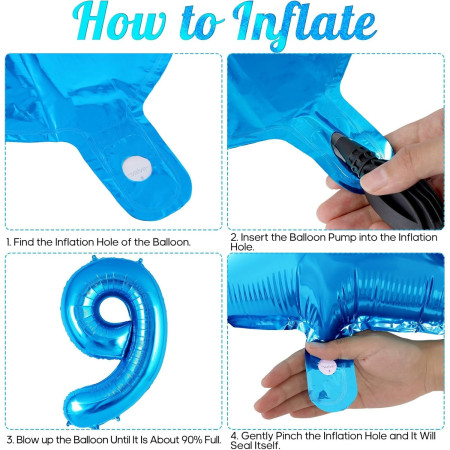 Balon din Folie Metalizata Cyrax, Figurina Cifra, Tema Aniversare 40 cm, Ambalaj Individual, Pai inclus, Umflare cu Aer sau Heliu, Albastru, Cifra 9