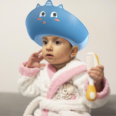 Casca de Dus, Cyrax, Previne Scurgerea Apei si Samponului pe Fata, 0-12 Ani, Ajustabila, din TPE+PP, 20 x 23 cm, Model Unicorn, Albastru