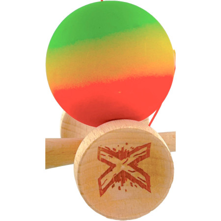 Kendama X Originala, Profesionala, Cyrax, Big Cups V2, Rubber Grip cu Cupe Mari, Rulment Metalic cu Ata 55 cm, Verde/Galben/Rosu