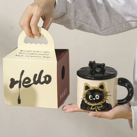 Cana din Ceramica, Cyrax, Model in Cutie pentru Cadou, Cana pentru Ceai, Cafea, Cana Retro Design Capac cu Figurina 3D, 9.5 x 8 x 8 cm, 360 ml, Bej, Print Pisica Galben Negru