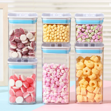 Cutii de Depozitare Alimente, Cyrax, Set din 6 Cutii de tip Container, 2x0.5 l, 2x0.8 l, 2x1.2 l, Recipiente pentru Cereale in Bucatarie,  Transparente cu Capac Albastru-Alb