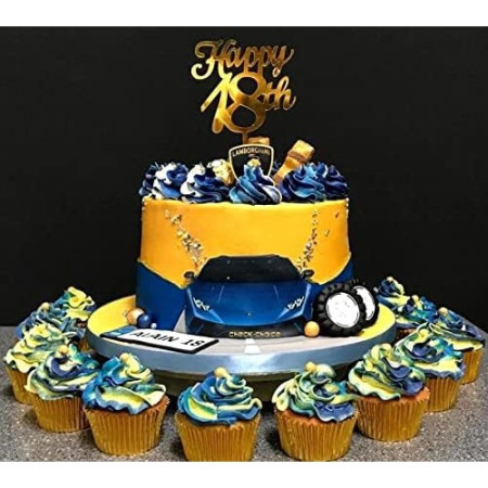 Decoratiune Topper pentru Tort, Cyrax, Model Happy18th, Dimensiuni 10 cm, Tematica Majorat, Auriu