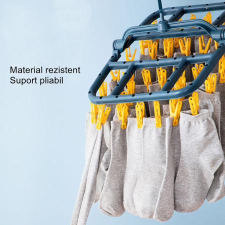 Uscator de Rufe Suspendat  cu 40 Carlige, Rotire 360 Grade, Protectie Vant, Pliabil, Patrat, Mateiral Plastic, Usor de Depozitat, Multifunctional, 36 x 24 cm, Albastru/Galben