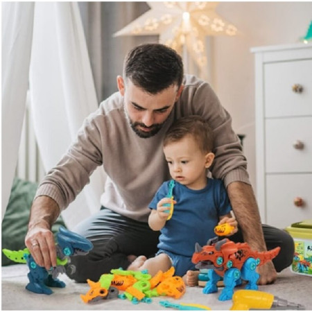 Set de Constructie/Asamblare, Cyrax, 4 Dinozauri, cu Bormasina Electrica, Baterii 2 x AA, Surubelnita si Cutie Depozitare, 22.5 x 14.5 x 15 cm, Multicolor