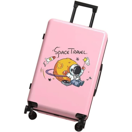 Troler de Calatorie, Cyrax, 56 x 35 x 22 cm, 4 Roti, Maner Reglabil, din ABS, cu Fermoar, Blocare cu Cod, Impermeabil, Model Astronaut, Roz