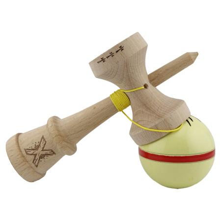 Kendama X Originala Silken, Profesionala, Cyrax, Cupe Mari KING SIZE V3, Super Sticky, Gaura in Baza, Rulment Metalic, din lemn 18 cm, Ata 62/65 cm, Cream Galben
