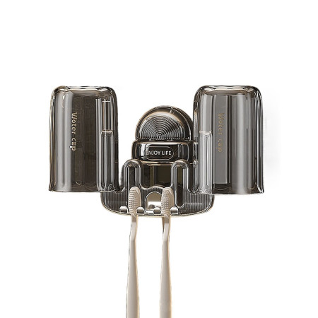 Suport Multifunctional Dublu, Pahar si Suport pentru Periuta de Dinti,  Plastic, 11 cm x 11.5 cm, Gri