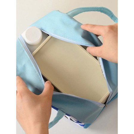 Geanta Termoizolanta pentru Copii, Cyrax, 23x13x19 cm, Model Imprimeu Catel, din Folie de Aluminiu si Panza Oxford, Albastru/Alb