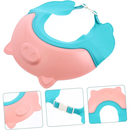 Cyrax Viziera de Protectie Baie Pentru Copii, Fippy, Model Purcelus, Dimensiune ajustabila, Durabil, Usor de curatat, Impotriva Samponului, pentru Ochi si Urechi, TPE+PP, 23x23 cm, Roz