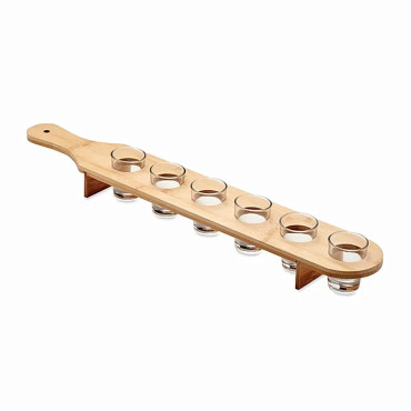 Set 6 Pahare Shot din Sticla Cyrax, cu Suport din Lemn, Design Rustic, 49.5 x 7 x 6.5 cm, Maro