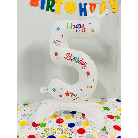 Balon din Folie Metalizata, Cyrax, Figurina Cifra, Model 5 cu Happy Birthday Scris, Tema Aniversare 81 cm, Ambalaj Individual, Pai Inclus, Umflare cu Aer sau Heliu, Alb