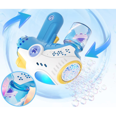 Jucarie Interactiva pentru Baloane de Sapun, Cyrax, Sunete si Lumini, Model Pistol, cu 8 Orificii, 20.6 x 9.4 x 21 cm, Albastru