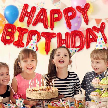 Set Baloane din Folie Metalizata, Cyrax, Model Happy Birthday, Litere de 40 cm, Baloane Party, Ambalaj Individual, Pai, Ata si Adeziv Incluse, Umflare cu Aer sau Heliu, Rosu