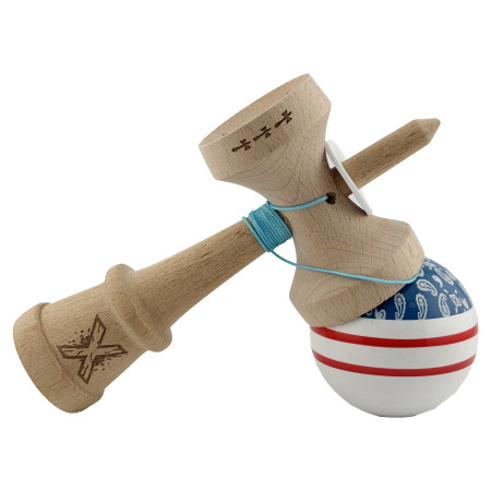 Kendama X Originala CHICANOS, Profesionala, Cyrax, Cupe Mari KING SIZE V3, Super Sticky, Gaura in Baza, Rulment Metalic, din lemn 18 cm, Ata 55 cm, Albastru/Alb