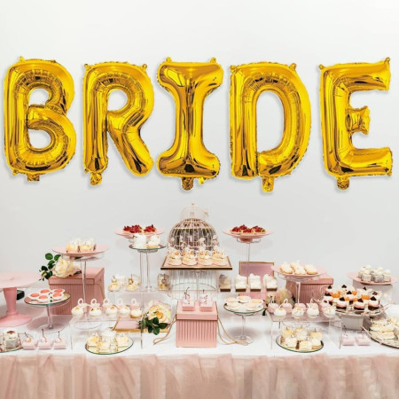 Set Baloane din Folie Metalizata, Cyrax, Model Scris Bride, Litere de 100 cm, Tema Iubire, Baloane Party, Ambalaj Individual, Pai Inclus, Umflare cu Aer sau Heliu, Auriu