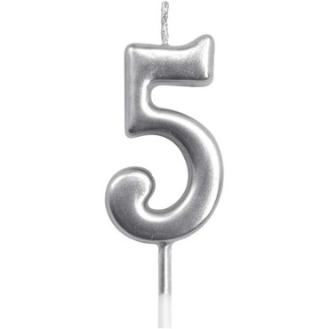 Lumanare de Tort, Cyrax, Model Cifra 5, Party, 4.5 x 2.5 cm, din Parafina, Argintiu