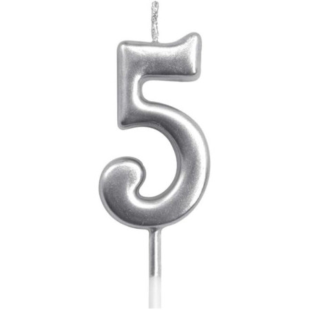 Lumanare de Tort, Cyrax, Model Cifra 5, Party, 4.5 x 2.5 cm, din Parafina, Argintiu