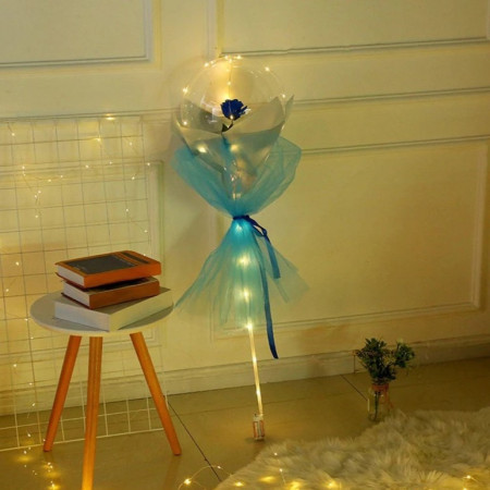 Trandafir in Balon LED cu Lumini, Cyrax, Tip Buchet, Diametru 35 cm, Albastru