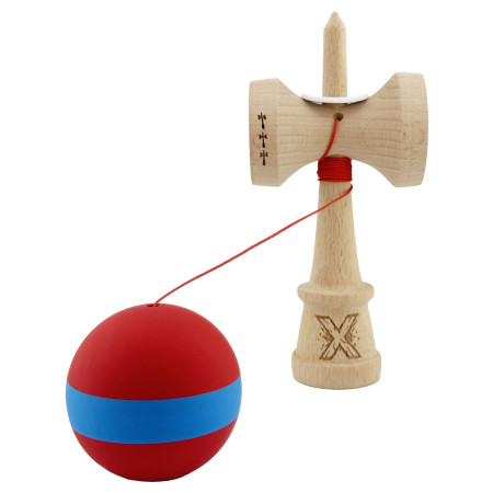 Kendama X Originala, Profesionala, Cyrax, Cupe Mari KING SIZE V3, Rubber Grip, Gaura in Baza, Rulment Metalic, din lemn 18 cm, Ata 62/65 cm, M Bicolor Rosu/Albastru